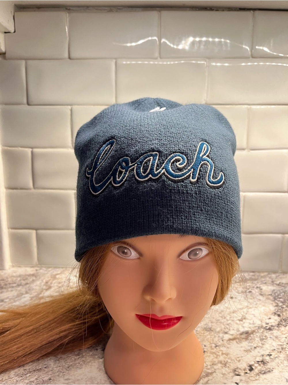 Coach Script Logo Beanie Hat In Navy Style Cy037